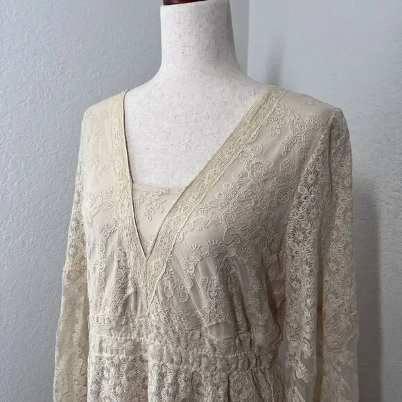 Reba Midi Beige Antique Lace Dress Women Large Romantic Boho Long Sleeve - Picture 5 of 9
